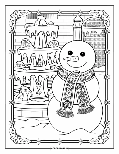 Coloriage de bonhomme de neige pour adultes : Un bonhomme de neige avec une écharpe flottante se dresse à côté d'une fontaine gelée avec des sculptures complexes, près d'un mur et d'une porte en briques