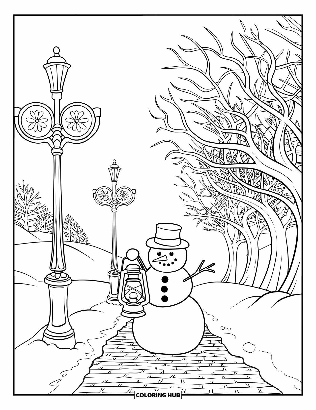 Desenho de boneco de neve para colorir para adultos: Um boneco de neve com uma lanterna está em um caminho de paralelepípedos, emoldurado por postes de luz decorativos e árvores nevadas