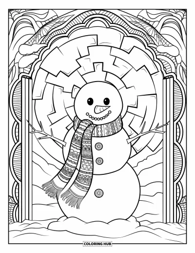 Coloriage de bonhomme de neige pour adultes : Un bonhomme de neige avec une longue écharpe se dresse à l'entrée d'un labyrinthe enneigé avec des allées de pierre gravées