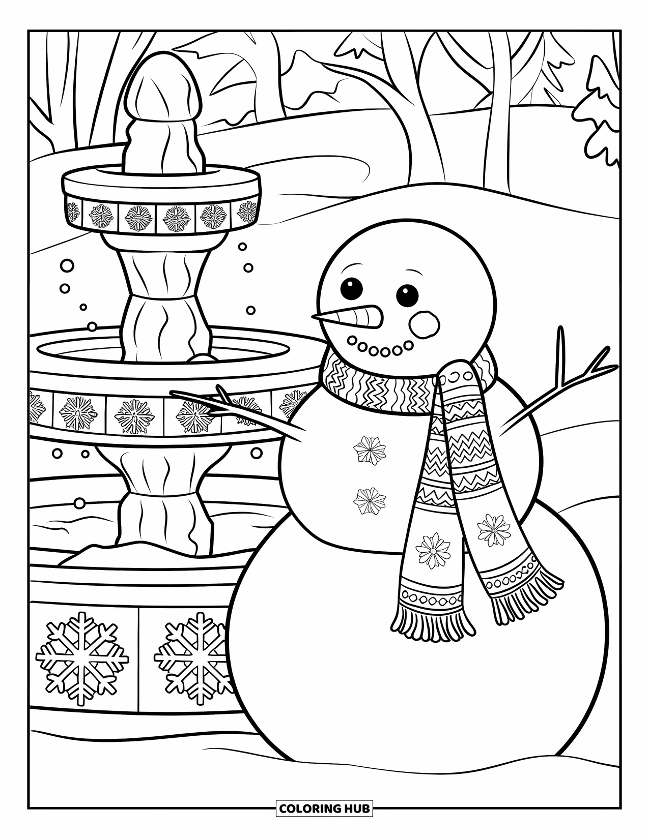 Desenho de boneco de neve para colorir para adultos: Um boneco de neve com um cachecol intrincado está ao lado de uma fonte congelada decorada com motivos de inverno esculpidos