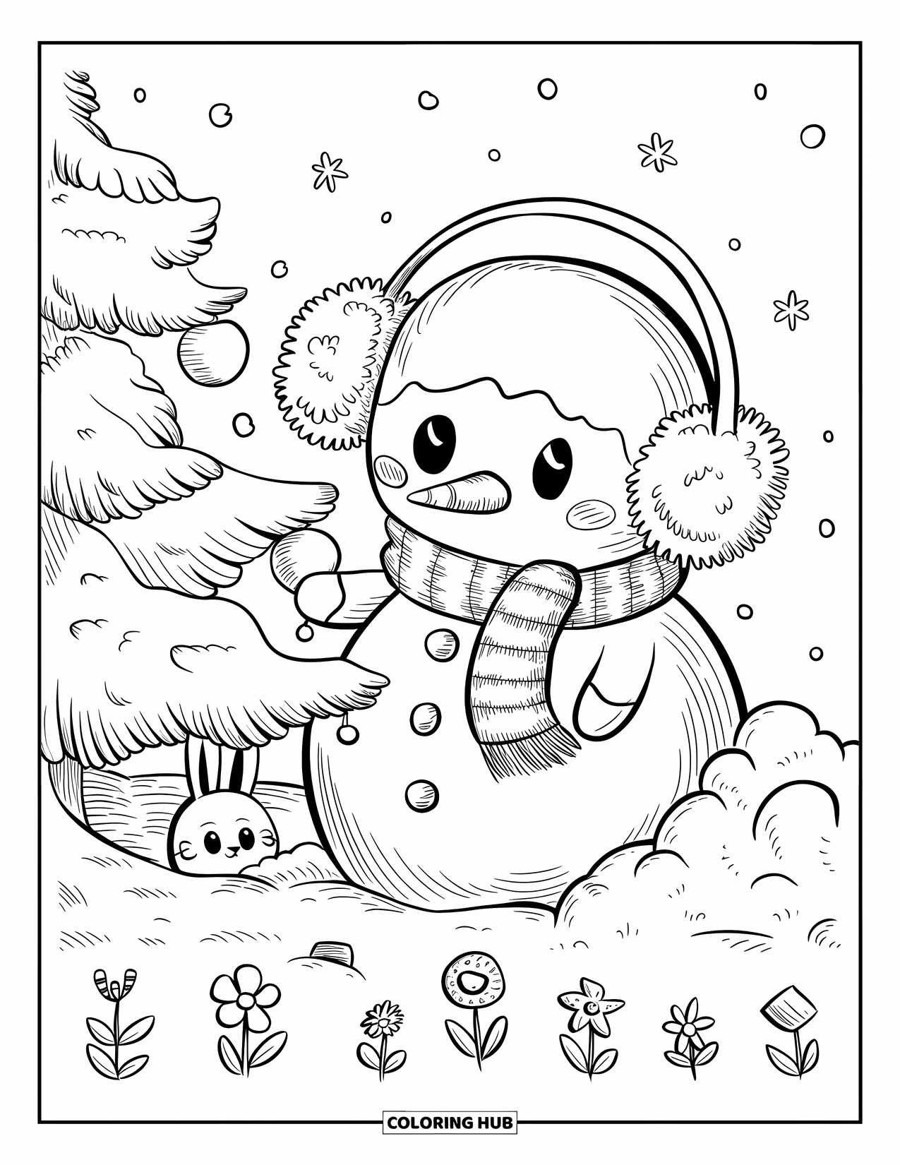 Desenho de boneco de neve para colorir para adultos: Um boneco de neve com protetores de ouvido grandes decora uma pequena árvore enquanto um coelho espreita por trás de bolas de neve