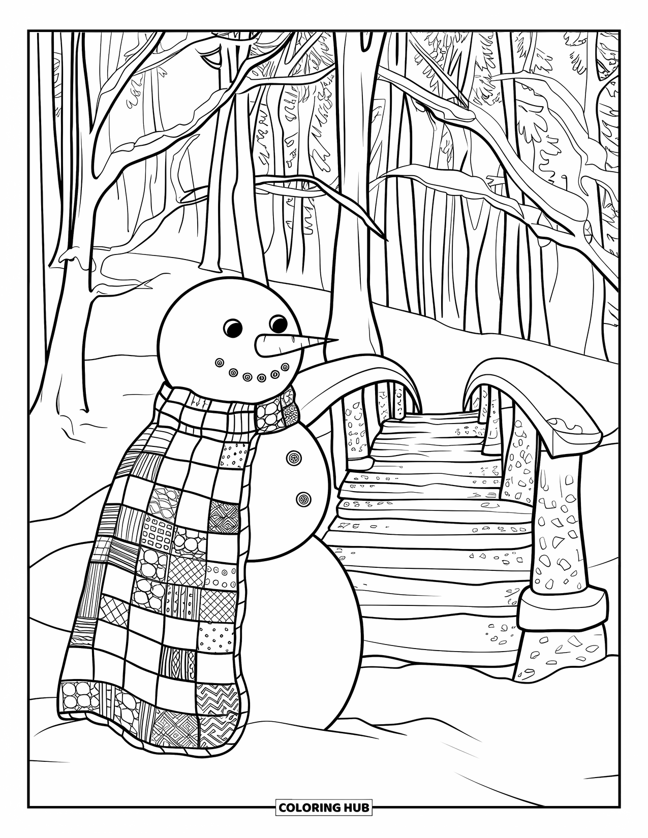 Desenho de boneco de neve para colorir para adultos: Um boneco de neve envolto em uma colcha detalhada está perto de uma ponte de madeira, cercado por uma floresta congelada e tranquila