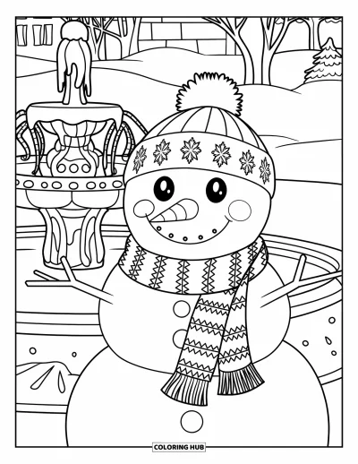 Coloriage de bonhomme de neige pour adultes : Un bonhomme de neige enveloppé dans une écharpe détaillée se tient près d'une fontaine gelée, entouré d'une scène hivernale paisible