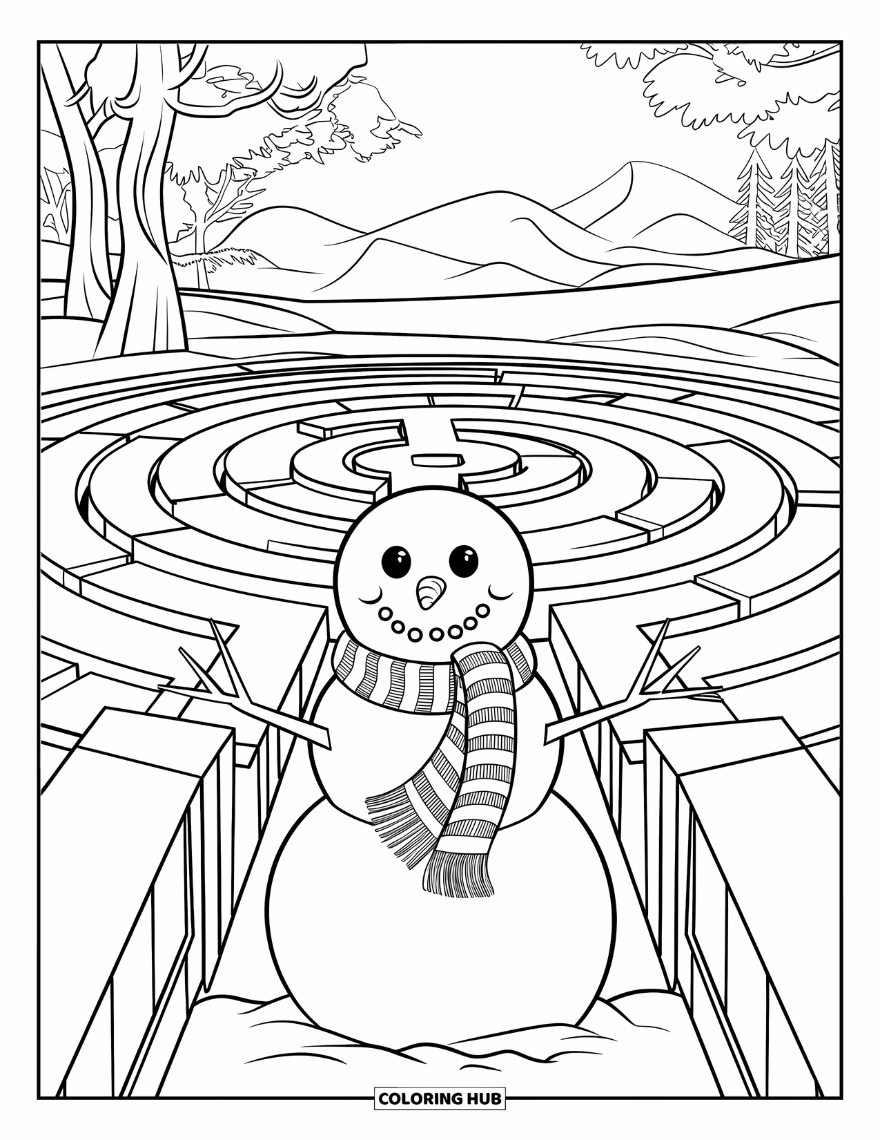 Desenho de boneco de neve para colorir para adultos: Um boneco de neve envolto em um cachecol esvoaçante está na entrada de um labirinto místico em uma paisagem nevada