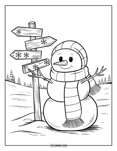 Coloriage de bonhomme de neige pour adultes : Un bonhomme de neige enveloppé dans une longue écharpe se tient à côté d’un poteau indicateur en bois décoré dans un paysage enneigé