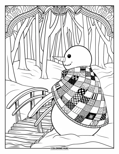 Coloriage de bonhomme de neige pour adultes : Un bonhomme de neige enveloppé dans une courtepointe patchwork se tient à côté d'un pont en bois menant à une forêt gelée