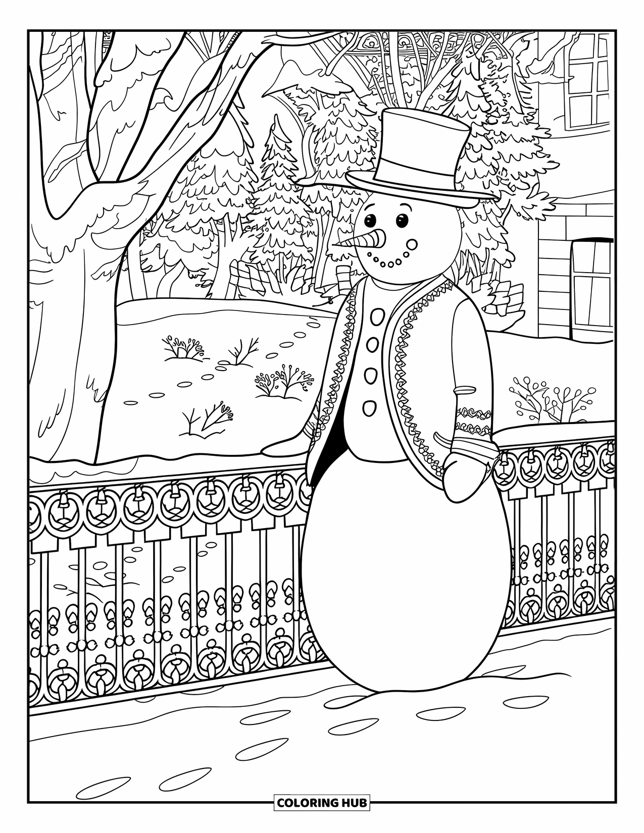 Desenho de boneco de neve para colorir para adultos: Um boneco de neve alto com um casaco bordado está ao lado de uma cerca de ferro forjado ornamentada com vista para um jardim de inverno