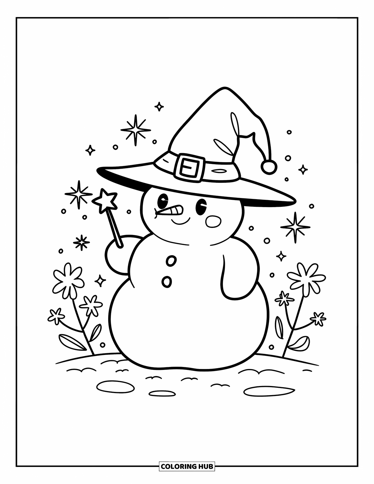 Desenho de boneco de neve para colorir para adultos: Um boneco de neve caprichoso com um chapéu de mago fica na neve, cercado por brilhos e flores