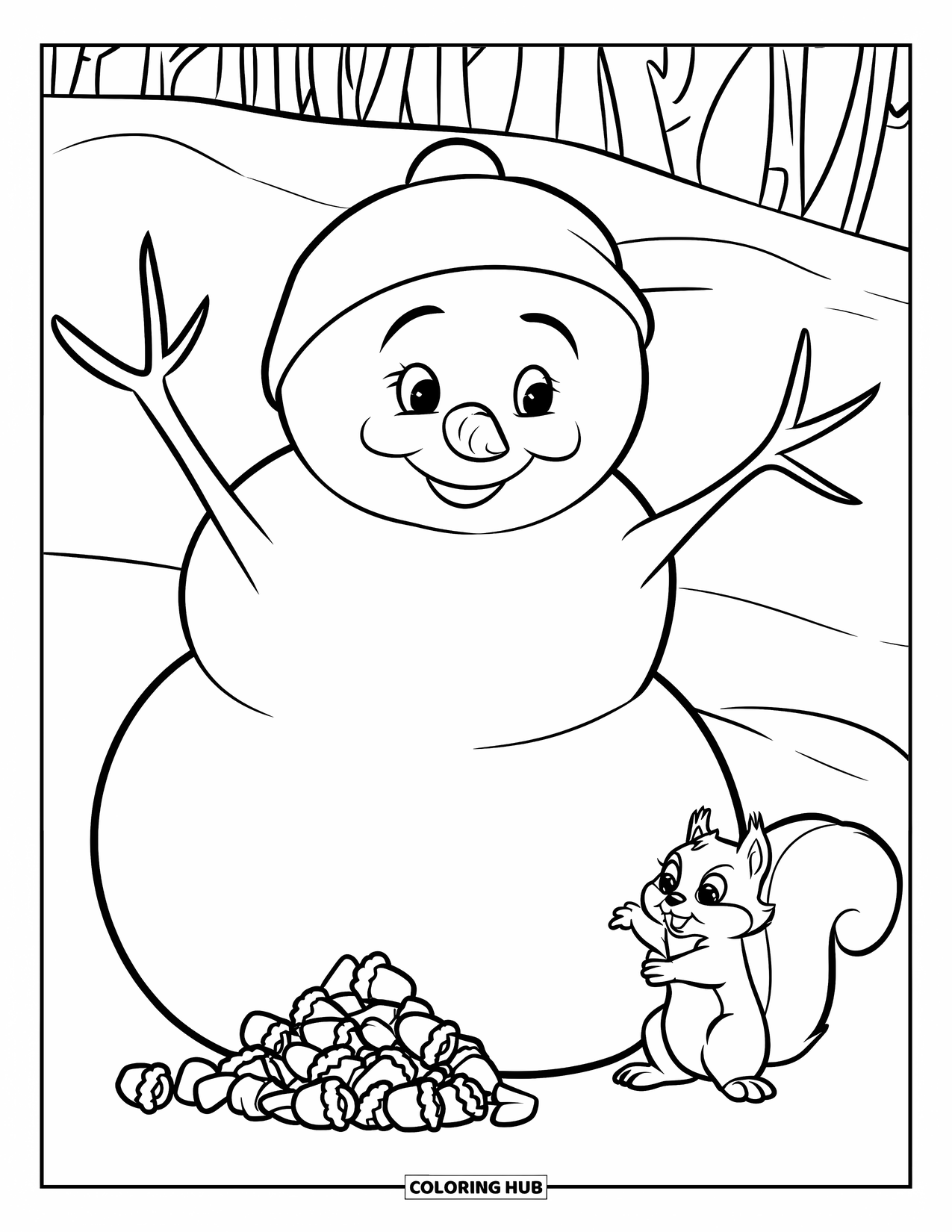Desenho de Boneco de Neve para Crianças: Um boneco de neve alegre e um esquilo brincalhão juntam bolotas juntos em uma floresta nevada
