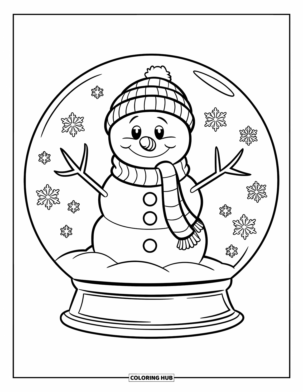 Desenho de Boneco de Neve para Crianças: Um boneco de neve alegre vestido para o inverno fica dentro de um globo de neve, cercado por flocos de neve caindo