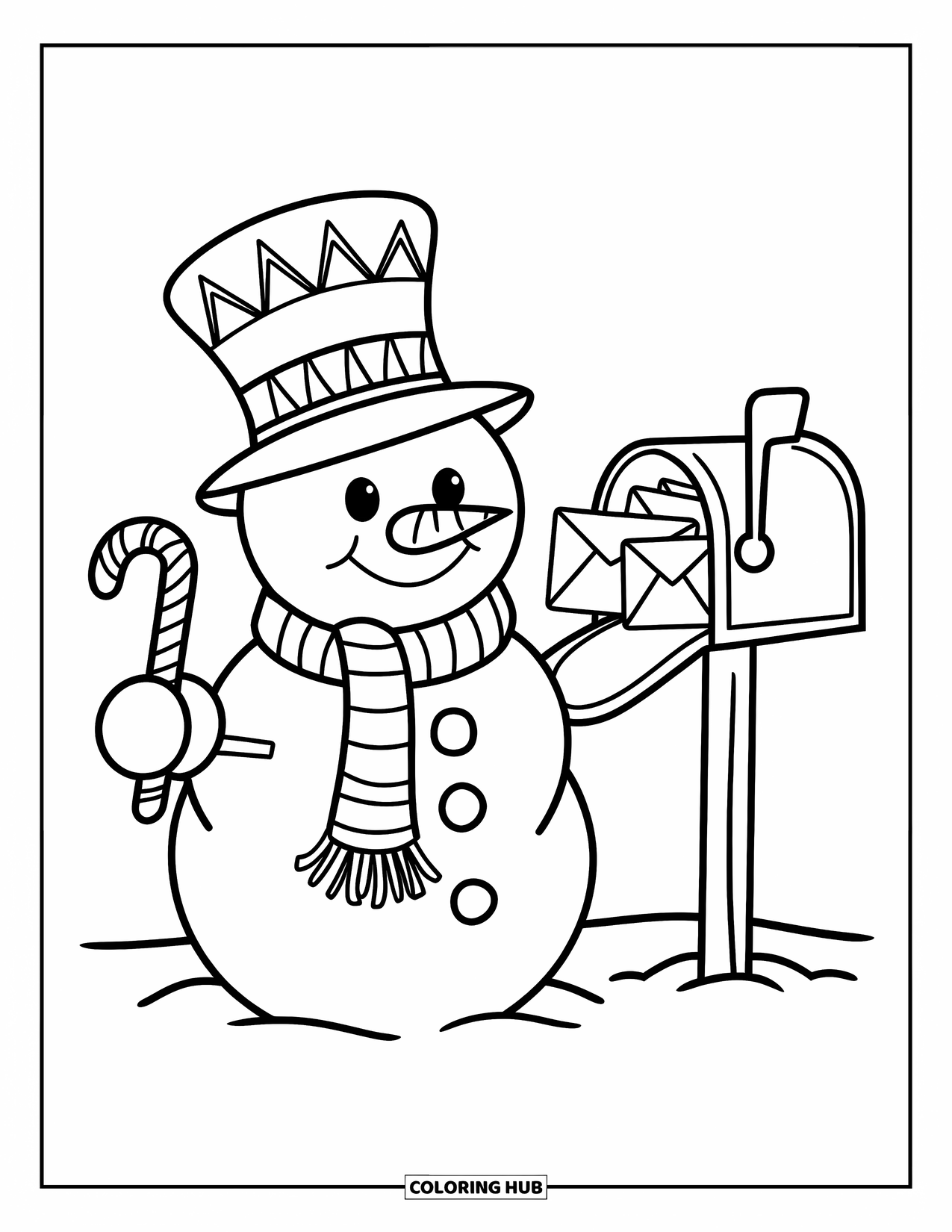 Desenho de Boneco de Neve para Crianças: Um boneco de neve alegre segurando uma bengala doce fica perto de uma caixa de correio, cercado por uma cena de inverno tranquila