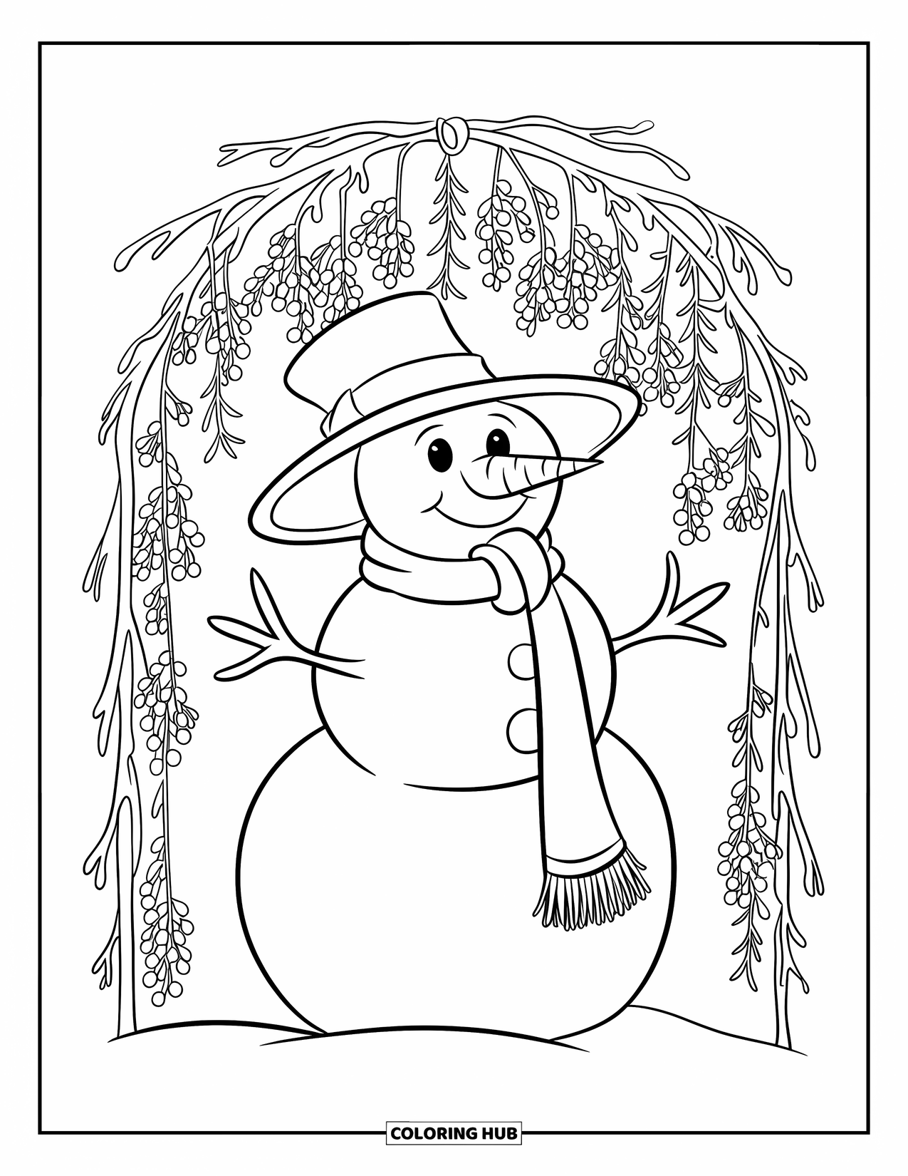 Desenho de Boneco de Neve para Crianças: Um boneco de neve alegre com um chapéu flexível fica sob um arco de frutas vermelhas de inverno em uma paisagem nevada