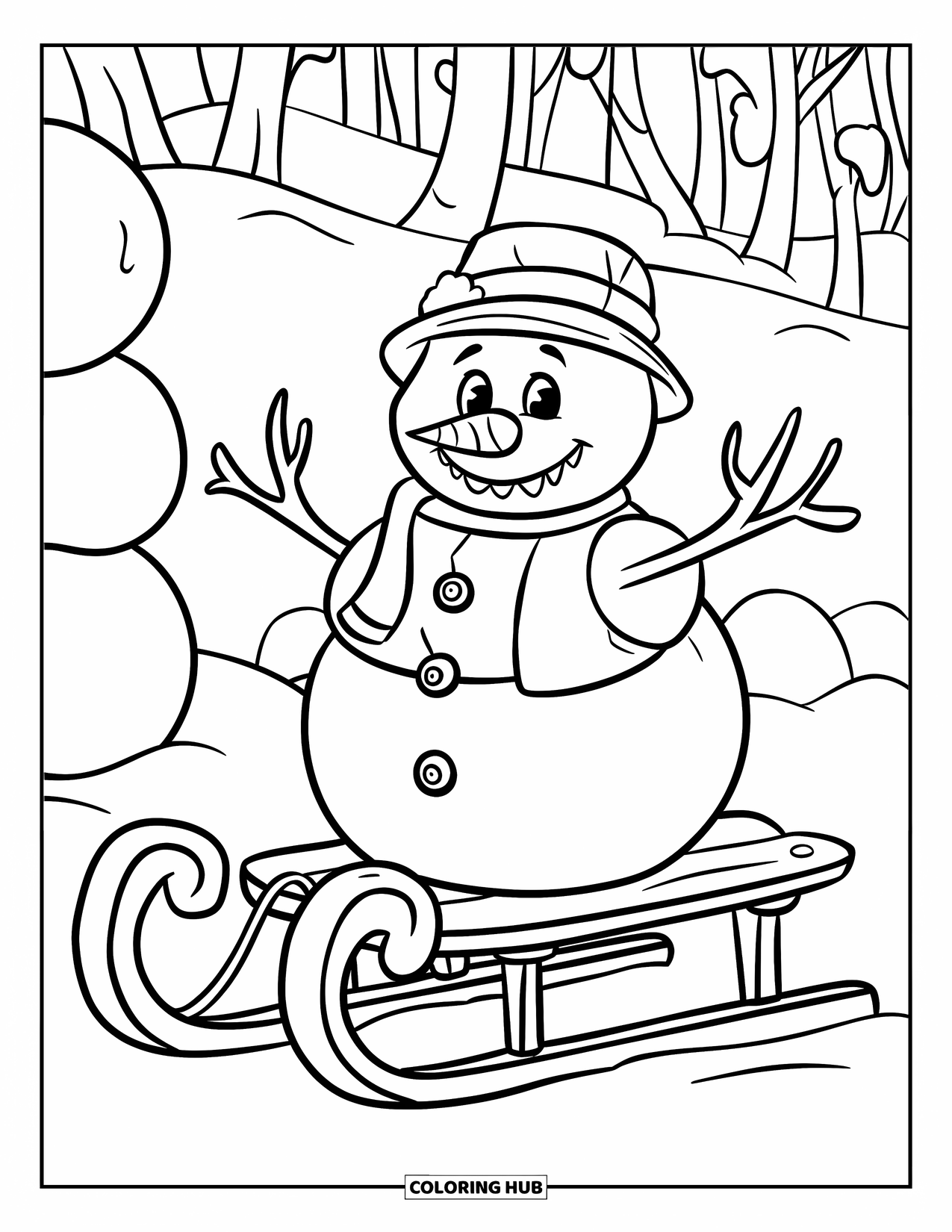 Desenho de boneco de neve para colorir para crianças: Um boneco de neve alegre com um chapéu senta-se em um trenó, cercado por bolas de neve empilhadas ordenadamente