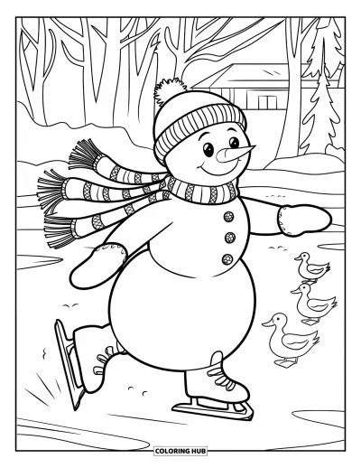 Coloriage de bonhomme de neige pour enfants : Un bonhomme de neige joyeux avec un bonnet tricoté glisse sur la glace, avec des canards qui regardent depuis l’étang gelé