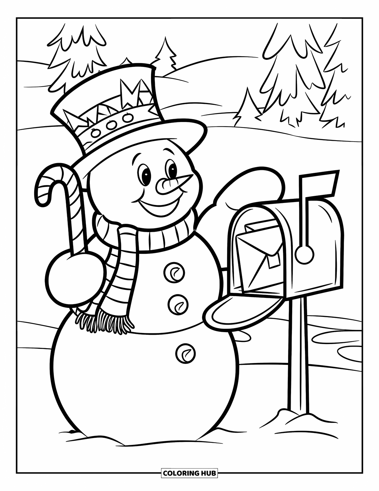 Desenho de Boneco de Neve para Crianças: Um boneco de neve alegre de cartola e cachecol listrado segura uma bengala doce ao lado de uma caixa de correio cheia de cartas