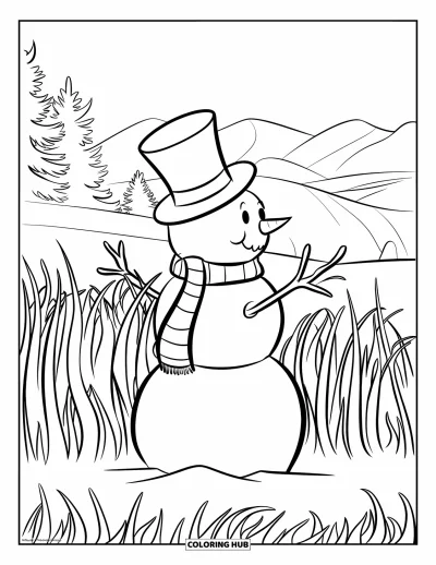 Coloriage de bonhomme de neige pour enfants : Un bonhomme de neige joyeux avec un haut-de-forme se tient dans l’herbe givrée, regardant vers une chaîne de montagnes enneigées
