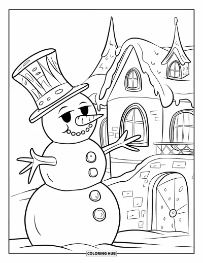 Coloriage de bonhomme de neige pour enfants : Un bonhomme de neige joyeux avec un haut-de-forme se tient près d’un château avec des tourelles et un pont-levis dans la neige