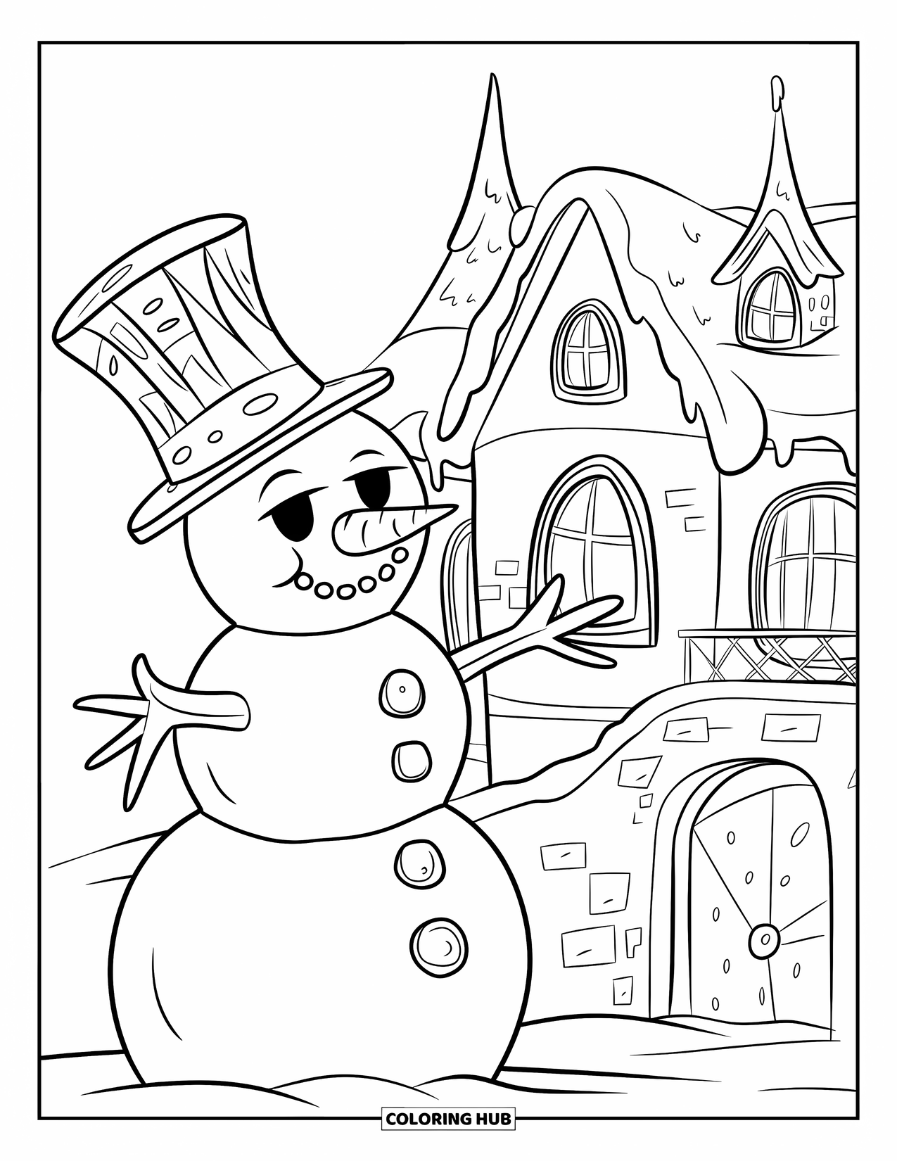 Desenho de Boneco de Neve para Crianças: Um boneco de neve alegre de cartola fica perto de um castelo com torres e uma ponte levadiça na neve