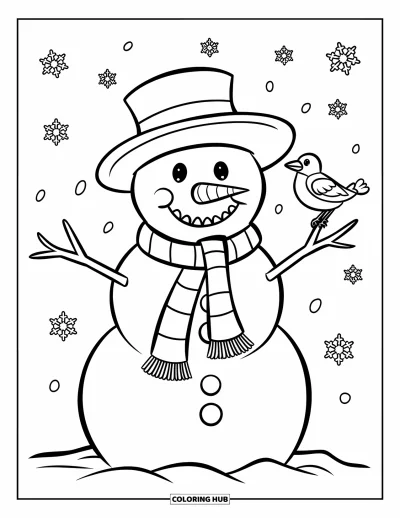 Coloriage de bonhomme de neige pour enfants : Un bonhomme de neige joyeux avec un chapeau chaud agite un bras en bâton tandis qu’un minuscule oiseau se repose dessus