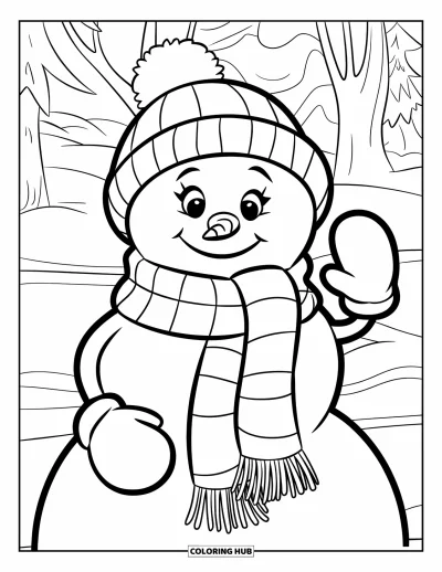 Coloriage de bonhomme de neige pour enfants : Un bonhomme de neige joyeux en bonnet d'hiver et en écharpe agite un bras de branche tout en tenant une moufle de l'autre