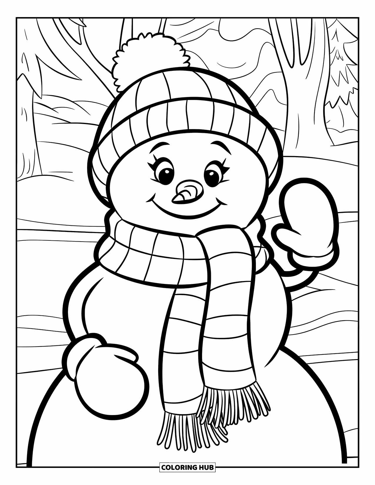 Desenho de Boneco de Neve para Crianças: Um boneco de neve alegre com chapéu e cachecol de inverno acena com um braço de graveto enquanto segura uma luva na outra