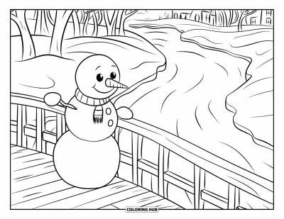 Coloriage de bonhomme de neige pour enfants : Un bonhomme de neige joyeux s’appuie contre une rampe de pont, admirant la rivière gelée et les arbres d’hiver dénudés