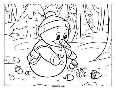 Coloriage de bonhomme de neige pour enfants : Un joyeux bonhomme de neige ramasse des glands et des pommes de pin dans une forêt enneigée, entouré d’arbres imposants