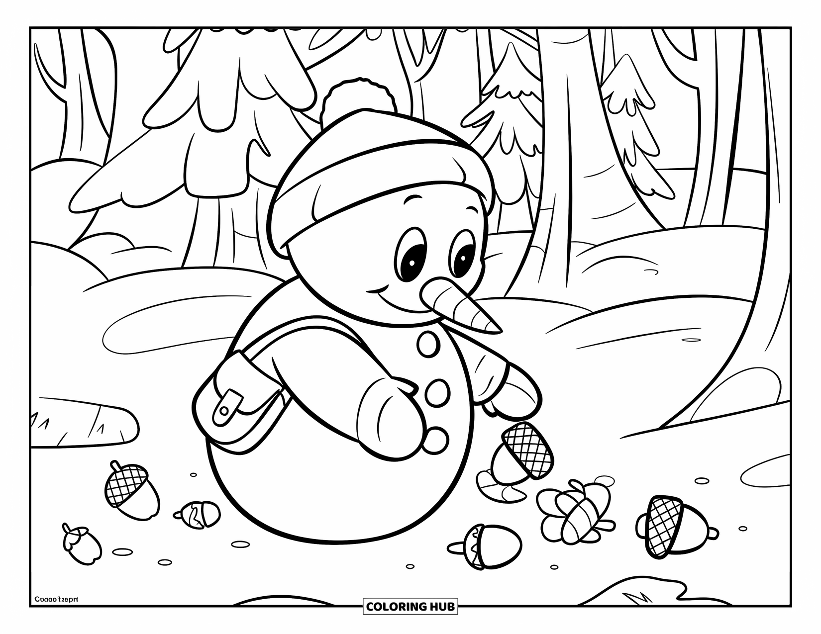 Desenho de boneco de neve para colorir para crianças: Um boneco de neve alegre pega bolotas e pinhas em uma floresta nevada, cercado por árvores imponentes