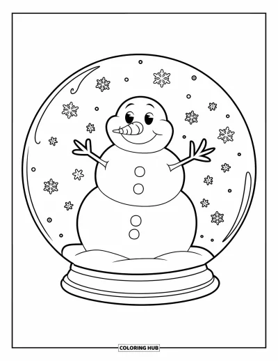 Coloriage de bonhomme de neige pour enfants : Un bonhomme de neige joyeux est assis à l’intérieur d’une boule à neige tandis que de délicats flocons de neige tourbillonnent dans le dôme transparent