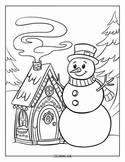 Coloriage de bonhomme de neige pour enfants : Un bonhomme de neige joyeux se tient à côté d’une maison décorée, avec de la fumée qui s’échappe de la cheminée douillette
