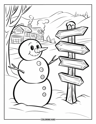 Coloriage de bonhomme de neige pour enfants : Un bonhomme de neige joyeux se tient près d’un poteau indicateur décoré, guidant le chemin vers un village douillet