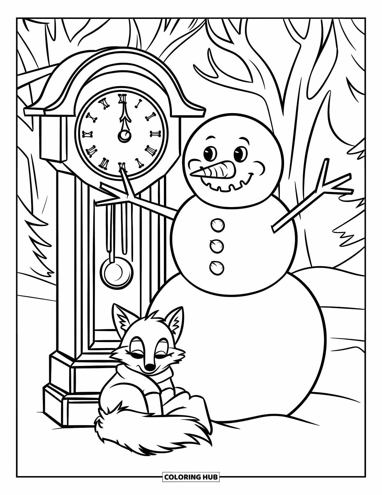 Desenho de Boneco de Neve para Crianças: Um boneco de neve alegre fica perto de um grande relógio de madeira, enquanto uma raposa de cauda fofa repousa sobre uma rocha