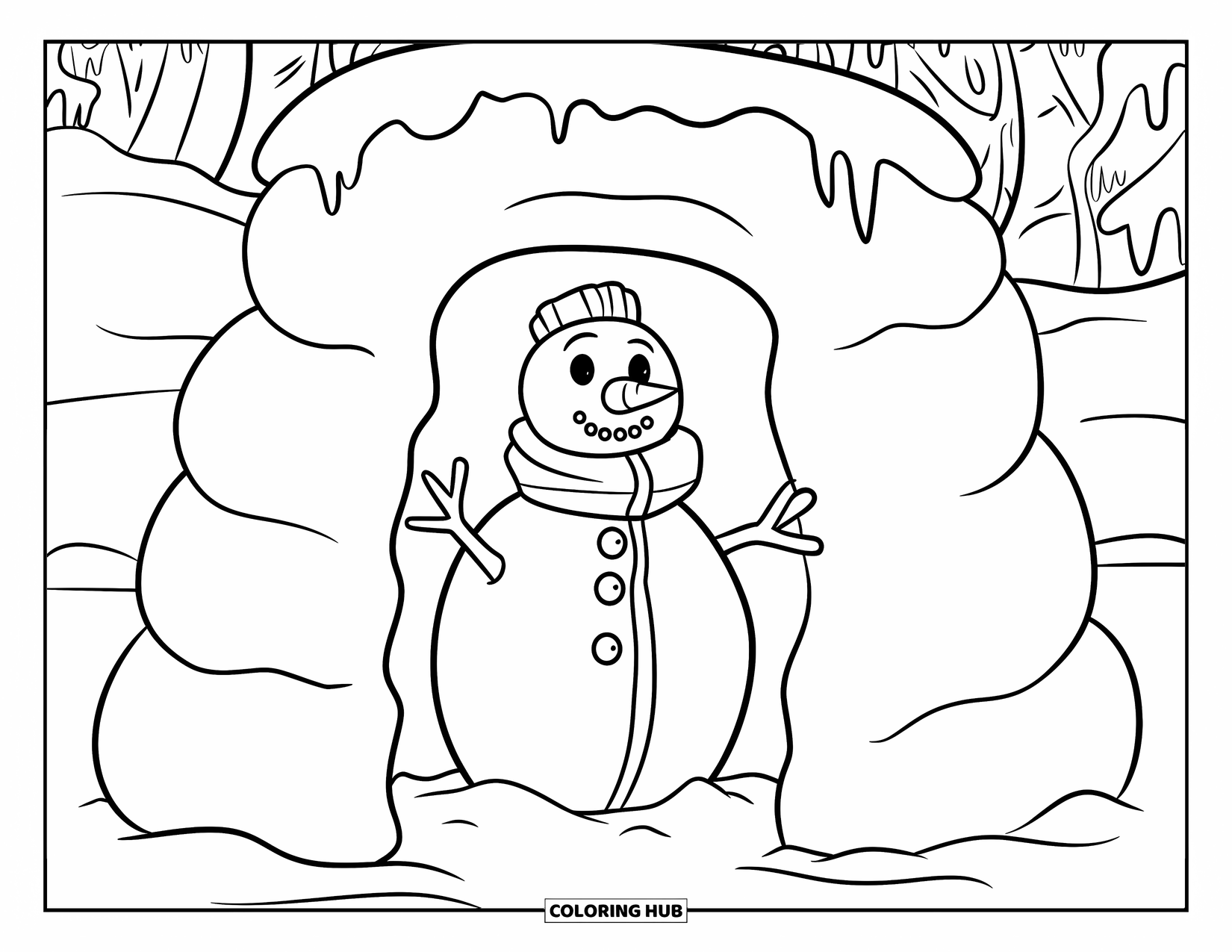 Desenho de Boneco de Neve para Crianças: Um boneco de neve alegre fica dentro de um forte de neve, cercado por paredes de neve redondas e pingentes de gelo pendurados