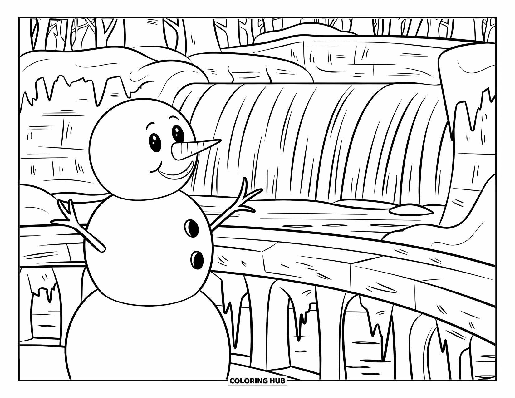 Desenho de Boneco de Neve para Crianças: Um boneco de neve alegre fica em uma ponte de pedra arqueada, observando uma cachoeira congelada cercada de neve