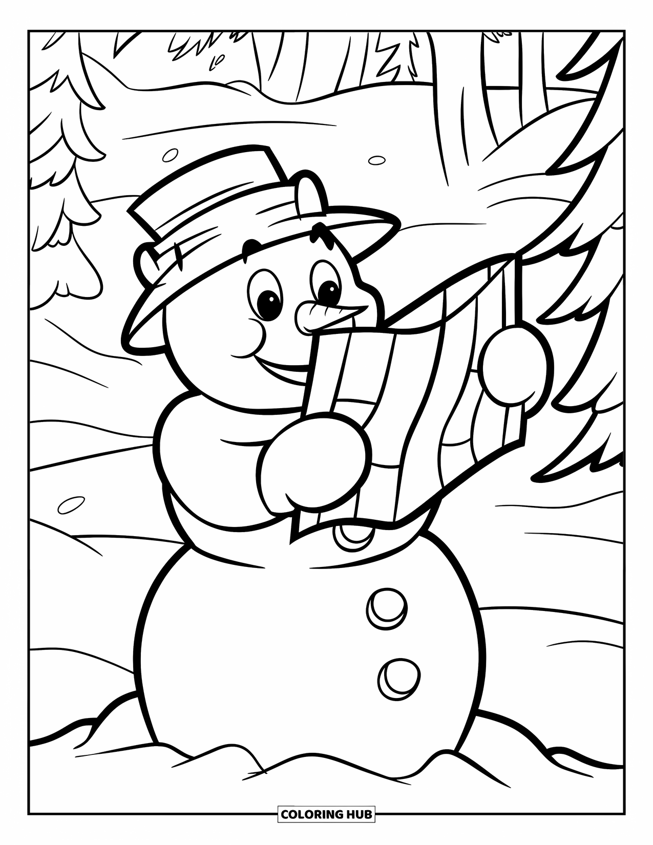 Desenho de boneco de neve para colorir para crianças: Um boneco de neve alegre estuda um pequeno mapa, em cima de uma pilha de neve, procurando um tesouro escondido