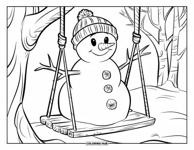 Coloriage de bonhomme de neige pour enfants : Un bonhomme de neige joyeux se balance doucement sur un siège en bois, attaché à une branche d’arbre couverte de neige