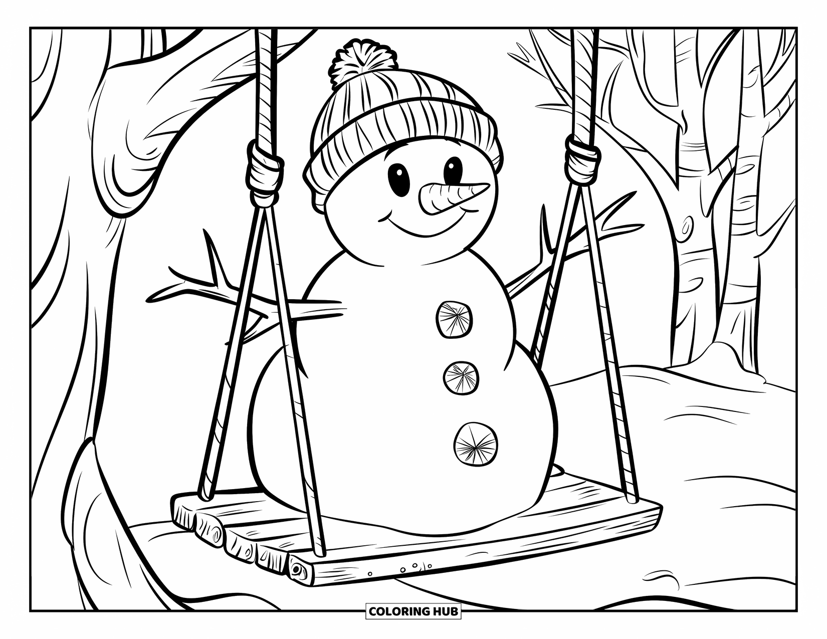 Desenho de Boneco de Neve para Crianças: Um boneco de neve alegre balança suavemente em um assento de madeira, amarrado a um galho de árvore coberto de neve
