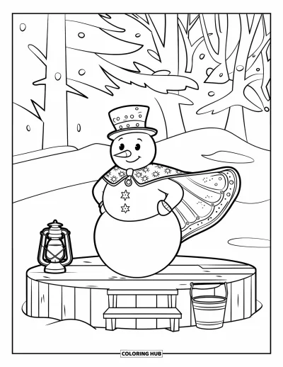 Coloriage de bonhomme de neige pour enfants : Un bonhomme de neige joyeux occupe le devant de la scène dans une cape décorée, avec une lanterne et un seau à proximité
