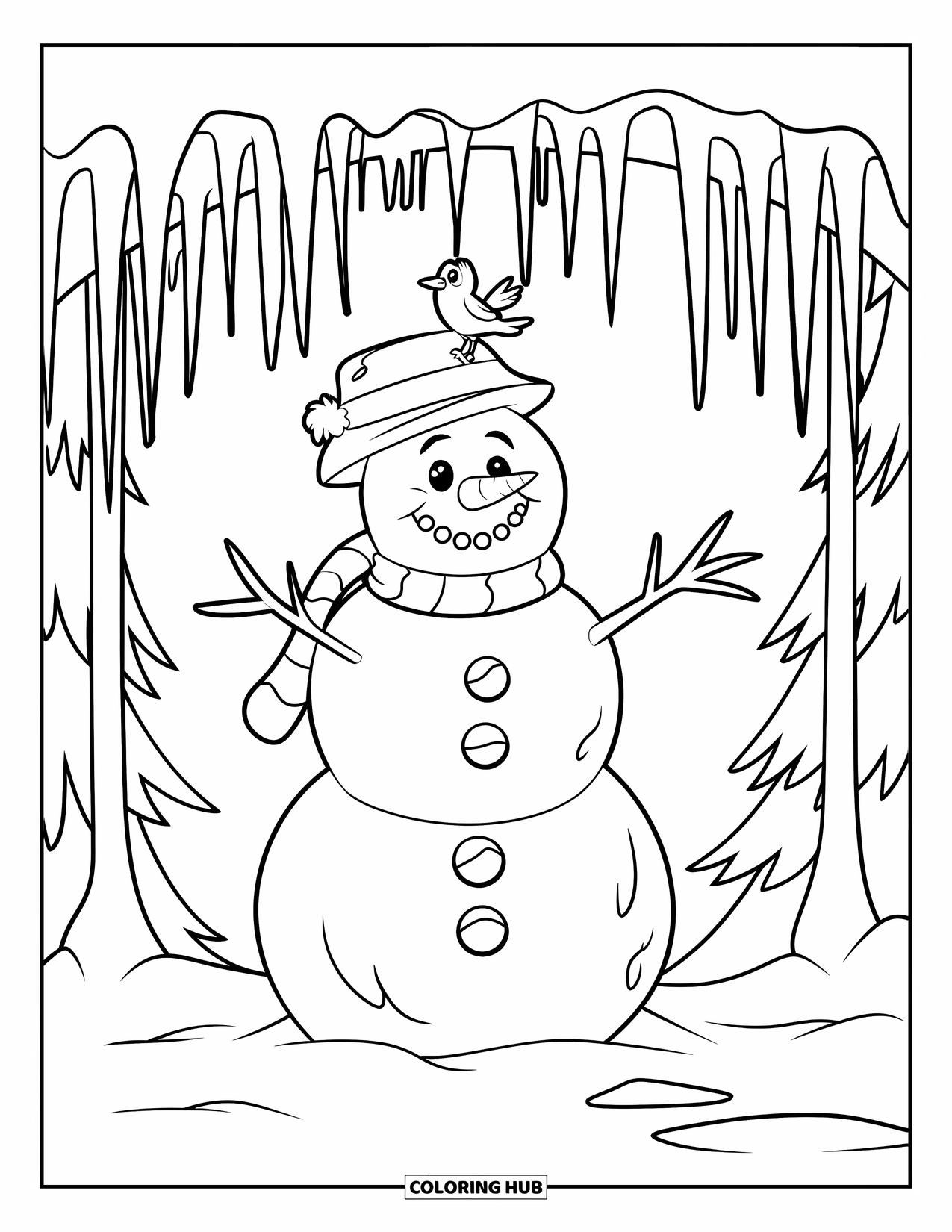 Desenho de boneco de neve para colorir para crianças: Um boneco de neve alegre recebe um pequeno pássaro enquanto ele pousa em seu chapéu sob um arco de gelo cintilante