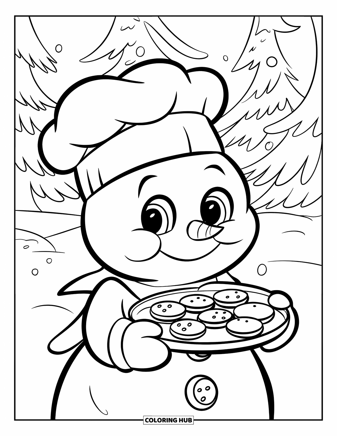 Desenho de Boneco de Neve para Crianças: Um boneco de neve alegre com um chapéu de chef e uma bandeja de biscoitos sorri em uma floresta de inverno