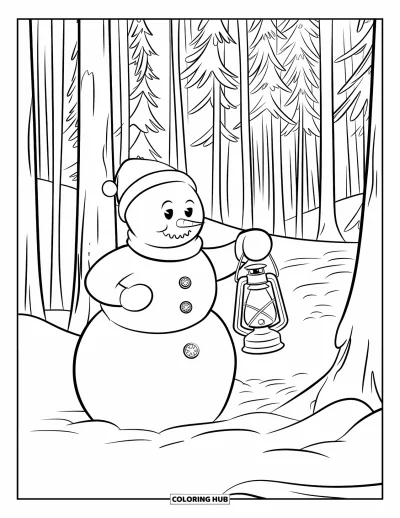 Coloriage de bonhomme de neige pour enfants : Un joyeux bonhomme de neige avec une lanterne ouvre la voie à travers une forêt paisible d’arbres imposants