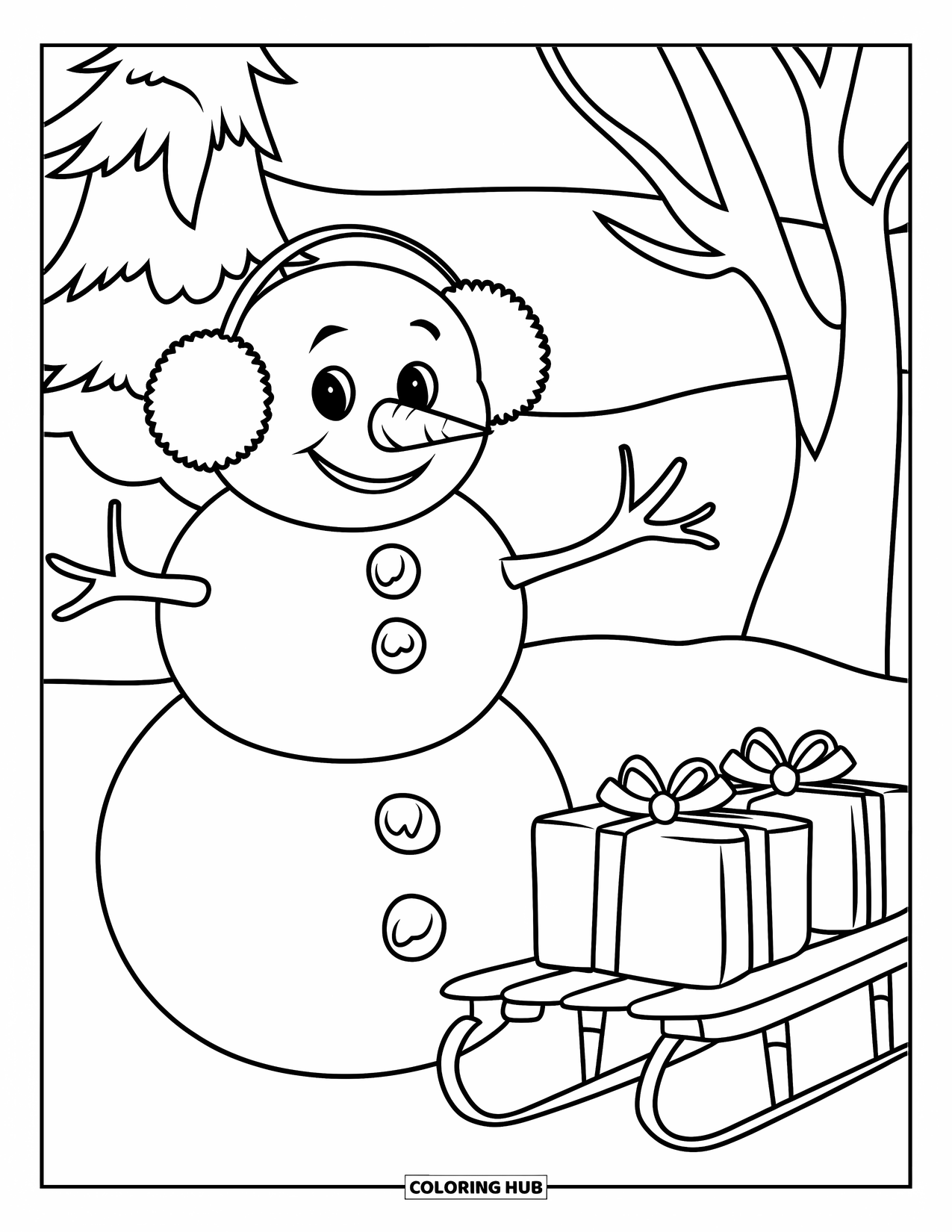 Desenho de Boneco de Neve para Crianças: Um boneco de neve alegre com protetores de ouvido sorri ao lado de um trenó empilhado com presentes, cercado por árvores nevadas