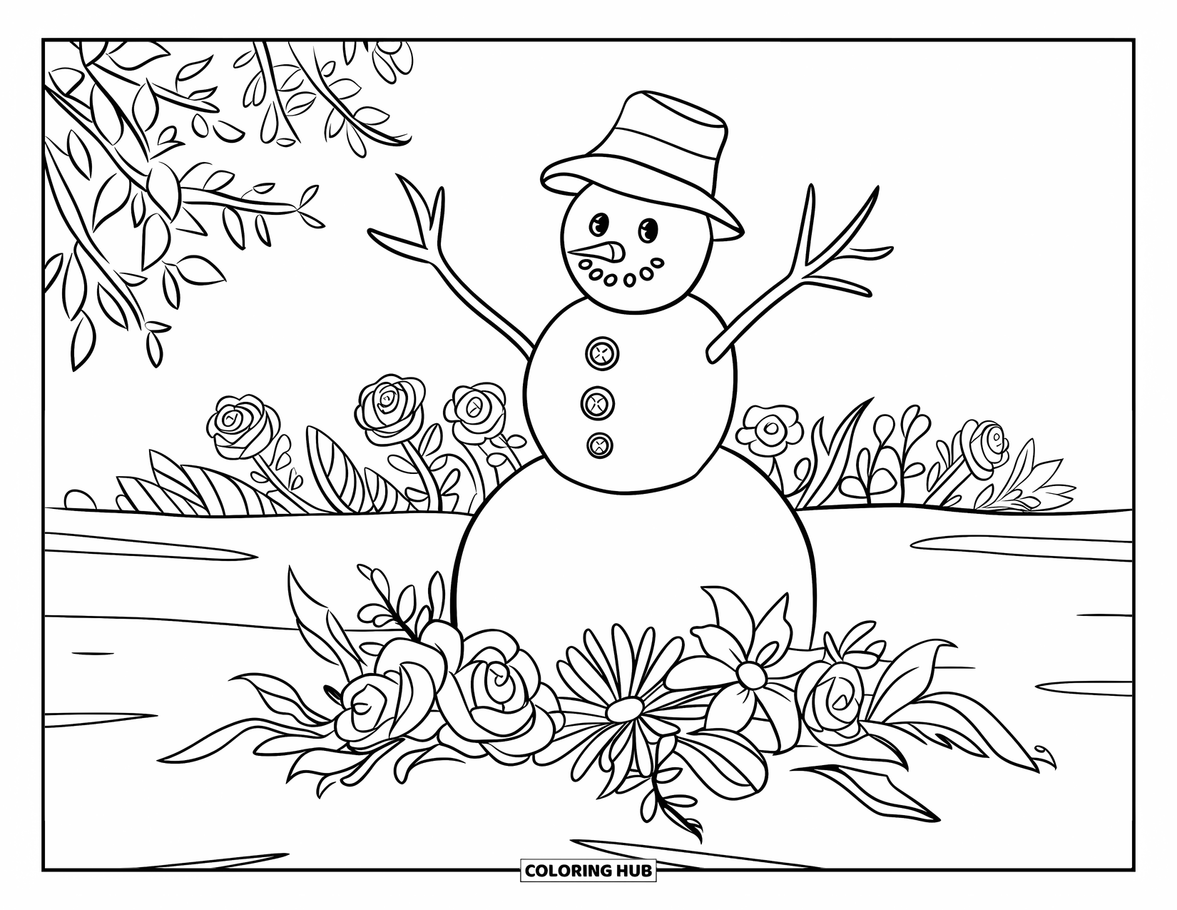 Desenho de boneco de neve para colorir para crianças: Um boneco de neve alegre com braços de graveto levantados fica feliz entre rosas, margaridas e lírios florescendo