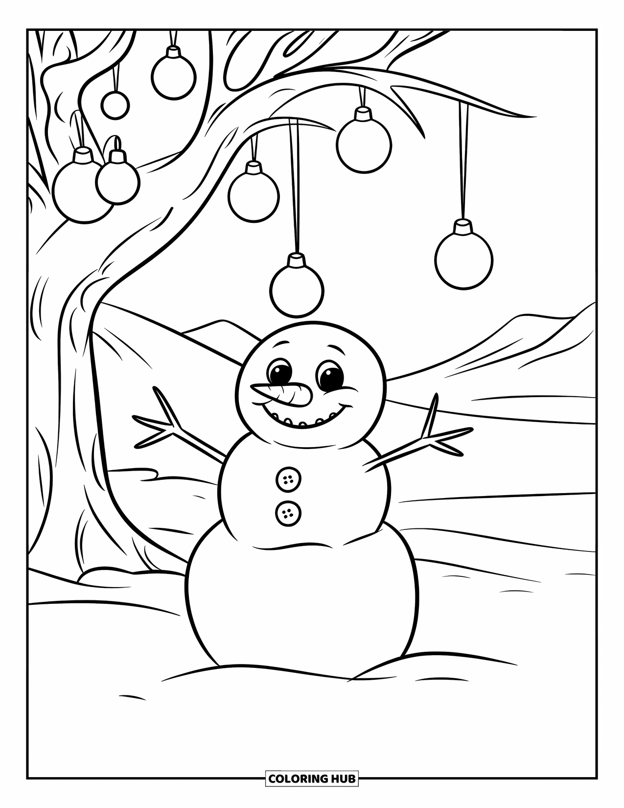 Desenho de boneco de neve para colorir para crianças: Um boneco de neve alegre com braços de graveto fica ao lado de uma árvore festiva adornada com ornamentos e uma estrela brilhante