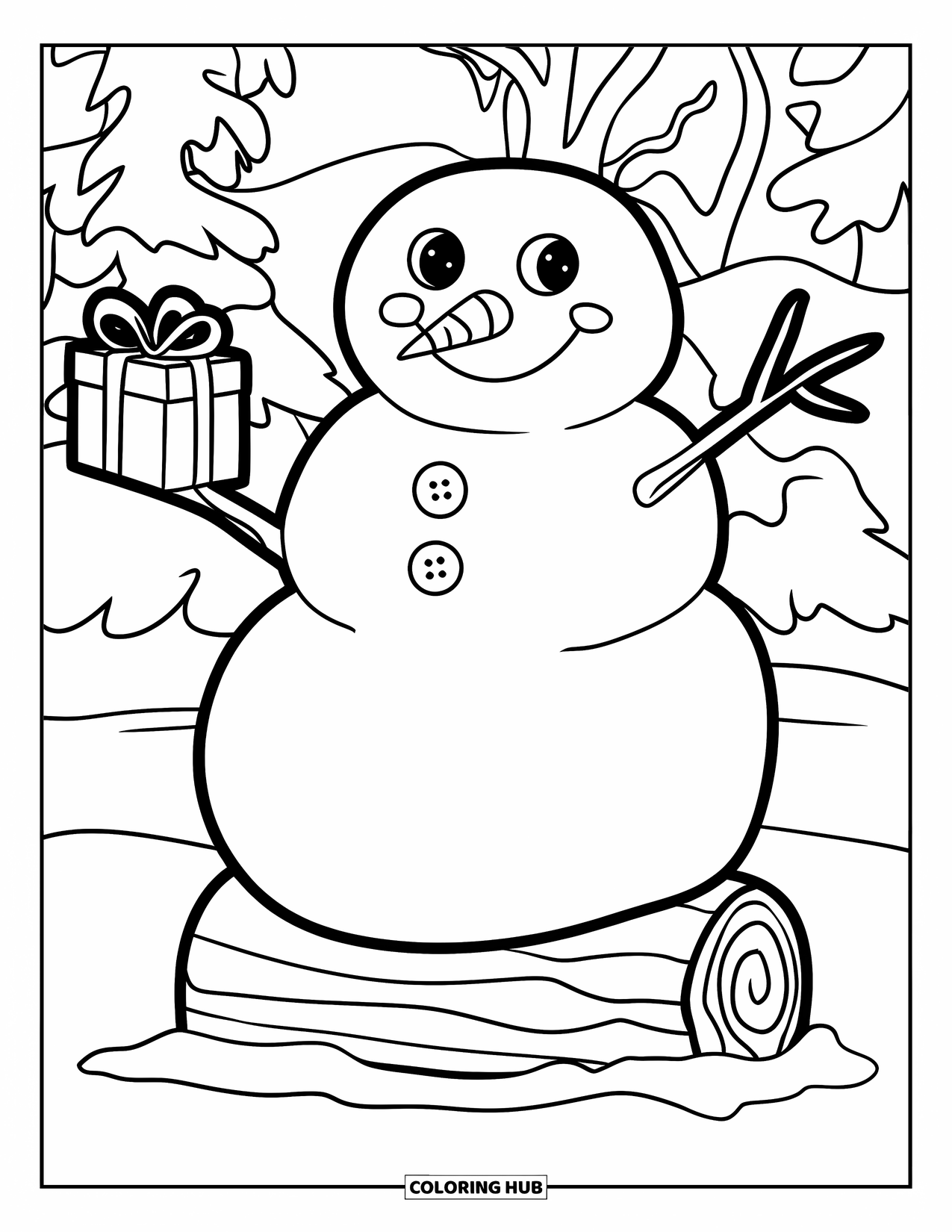 Desenho de Boneco de Neve para Crianças: Um boneco de neve gordinho senta-se em um tronco, segurando um pequeno presente embrulhado em uma mão com um sorriso alegre