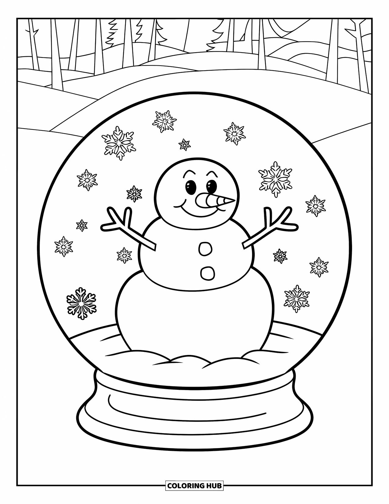 Desenho de boneco de neve para colorir para crianças: Um boneco de neve rechonchudo com braços grossos senta-se dentro de um globo de neve, cercado por uma cena de inverno tranquila