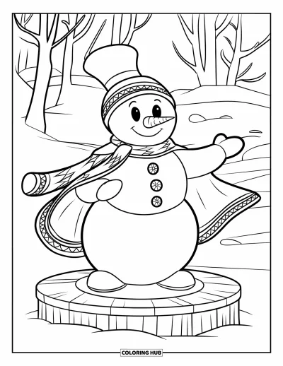 Coloriage de bonhomme de neige pour enfants : Un bonhomme de neige confiant avec une cape décorée se tient sur une scène en bois, se produisant dans un paysage enneigé