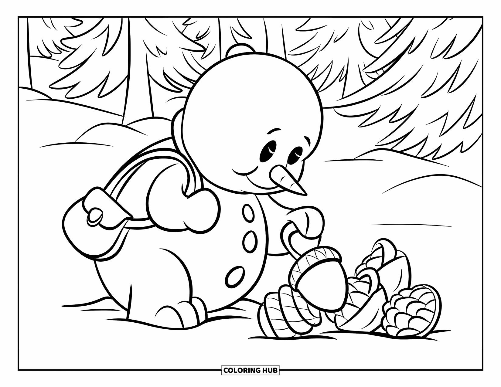 Desenho de Boneco de Neve para Crianças: Um boneco de neve aconchegante coleta pinhas e bolotas em uma floresta nevada tranquila cheia de pinheiros altos