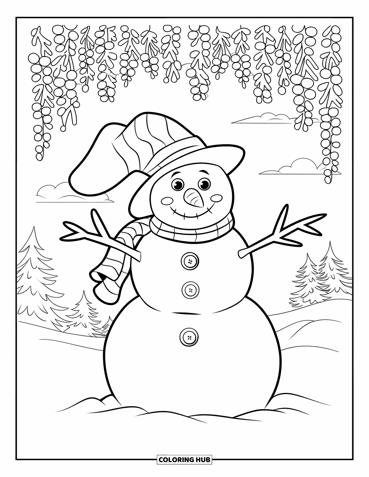 Desenho de boneco de neve para colorir para crianças: Um boneco de neve aconchegante com um chapéu flexível fica sob um arco de frutas vermelhas, com árvores e nuvens ao fundo