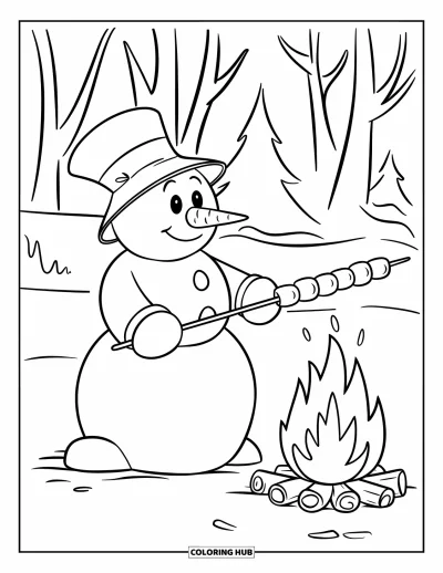 Coloriage de bonhomme de neige pour enfants : Un bonhomme de neige coiffé d'un chapeau fait griller des guimauves au-dessus d'un feu de camp, entouré d'arbres enneigés